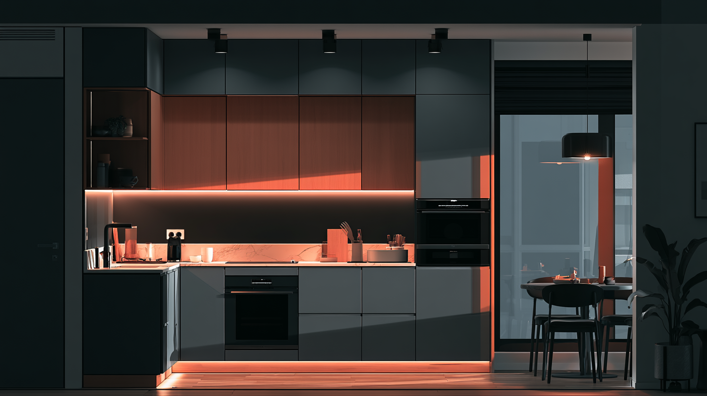 Elegante kleine Designküche mit deckenhohen Schränken, heller Quarz-Arbeitsplatte und indirekter LED-Beleuchtung